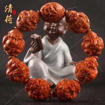 橄工玩手串手榄雕刻八方来财八大财神爷橄榄胡核雕文核把件手链男