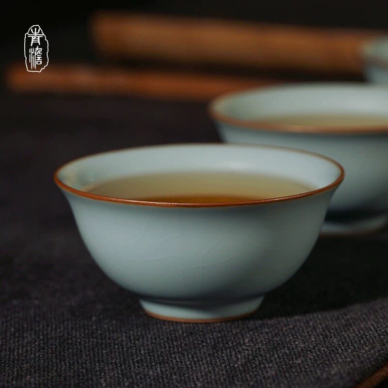 青澹汝窑茶盏主人杯单杯景德镇手工茶杯陶瓷茶具冰裂釉收藏瓷器