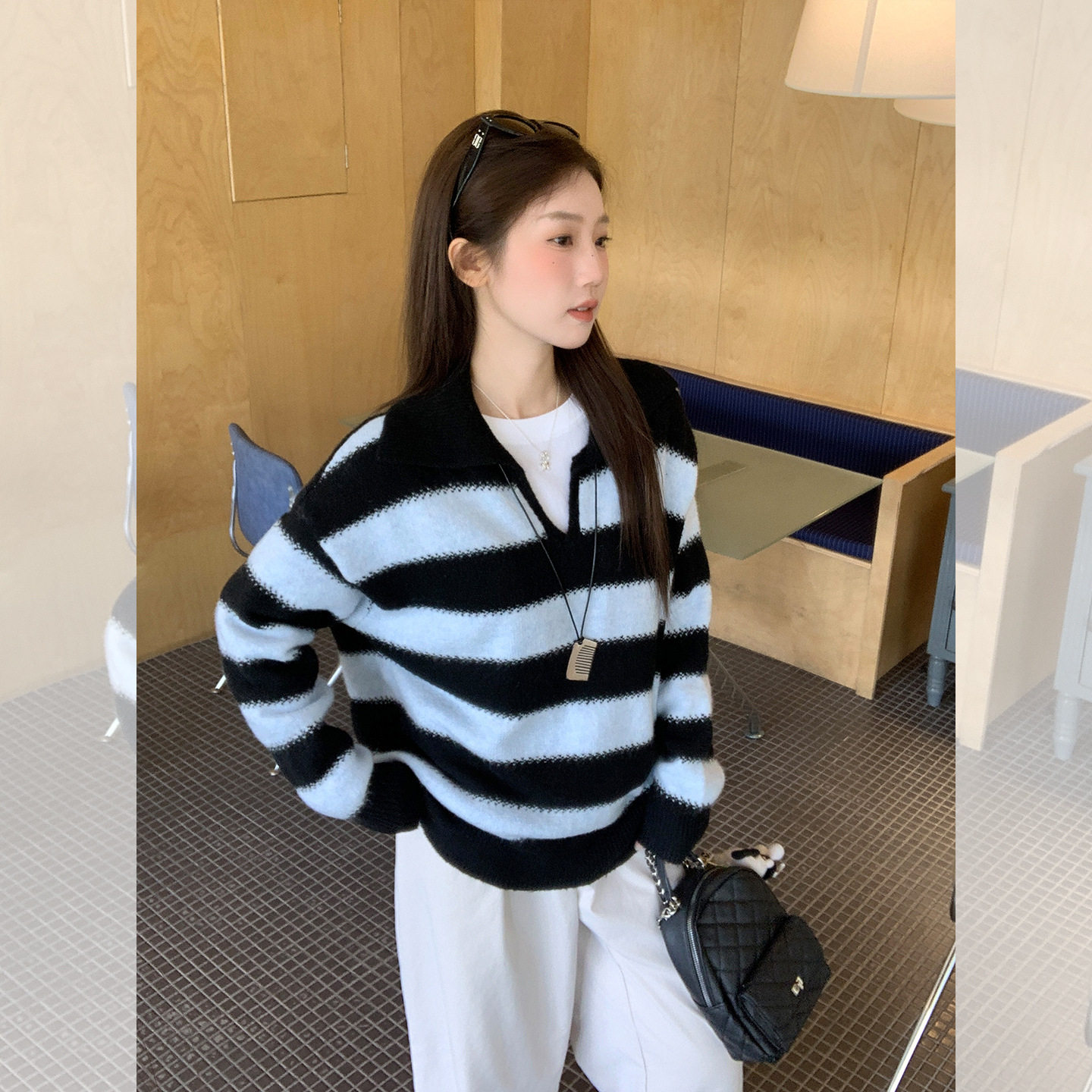 条纹拼接撞色针织衫套头毛衣外套