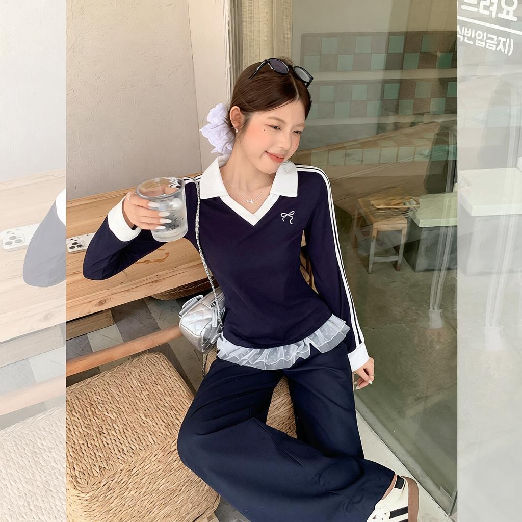 polo翻领条纹撞色长袖T恤女装