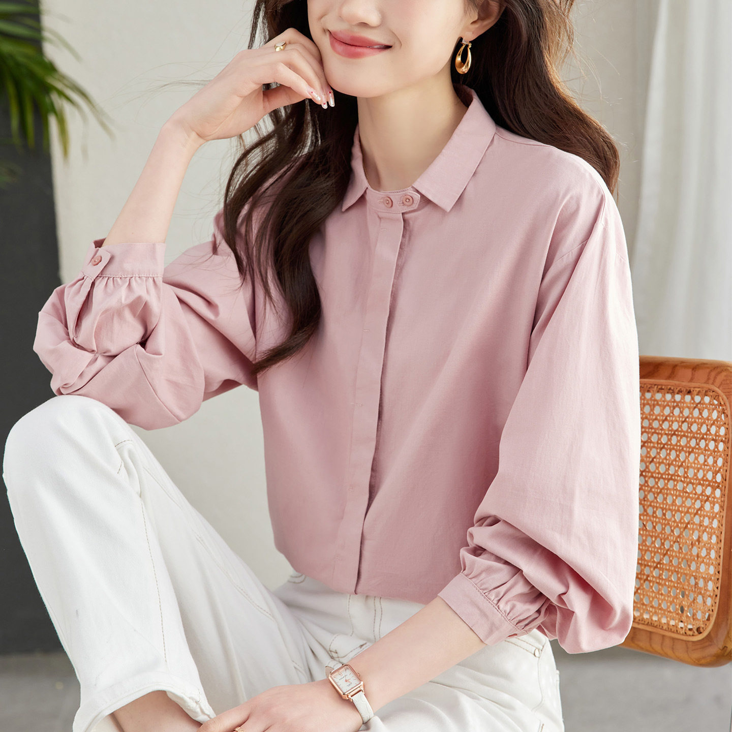 女小方领上衣暗门襟纯棉衬衣