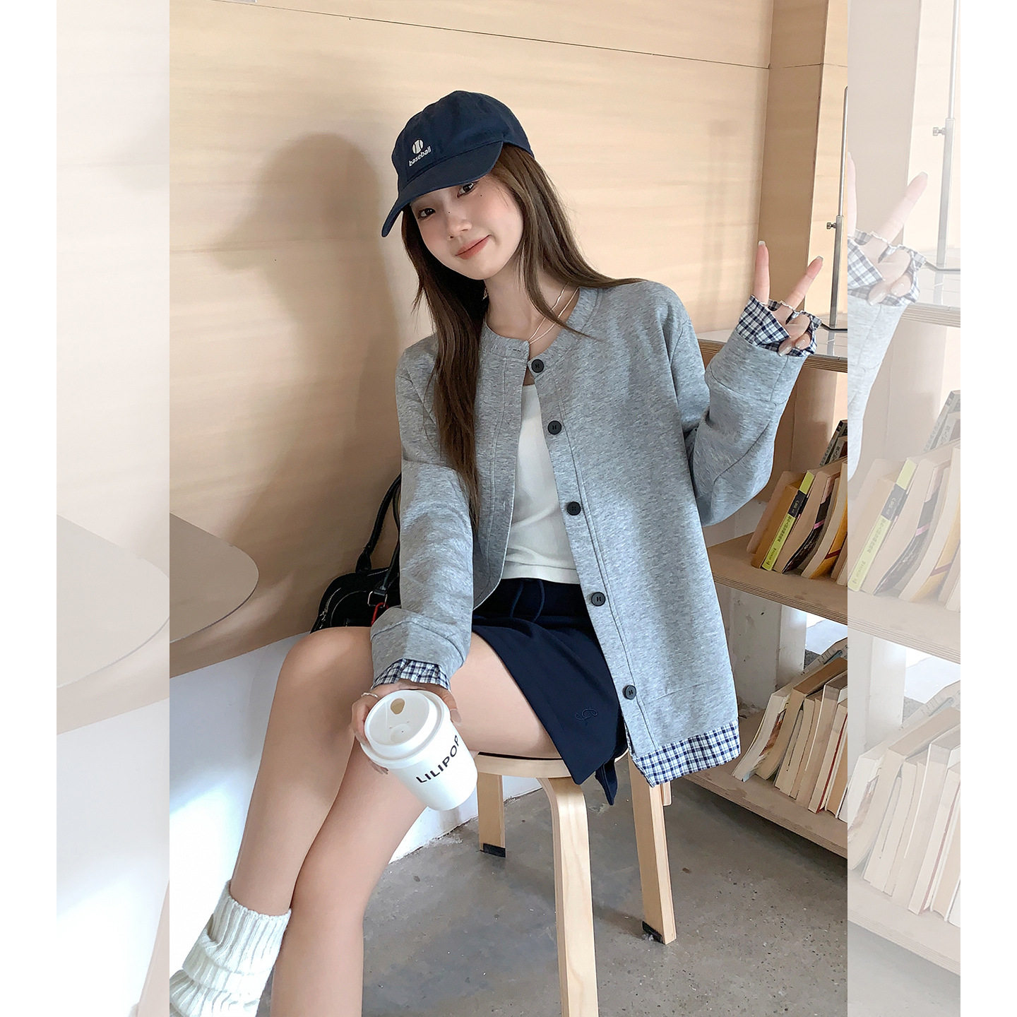 格子拼接设计感长袖卫衣外套