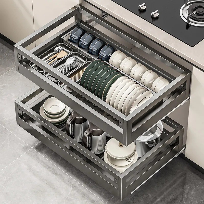拉篮厨房橱柜304不锈钢碗碟碗柜双层厨柜碗架抽屉式调味碗篮收纳