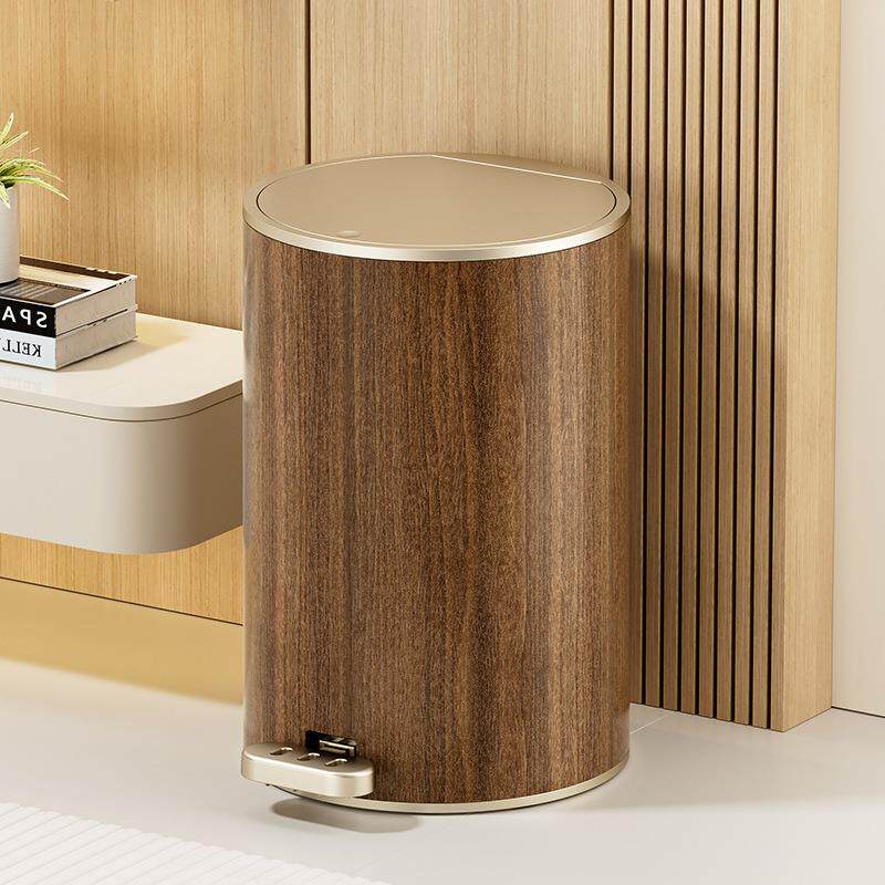 复古木纹垃圾桶带盖脚踏按压式客厅卧室茶室双开静音室内家用纸篓