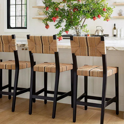 藤尔美式实木白蜡木吧椅床尾凳长凳休闲椅天然麻绳艺术编织凳岛台