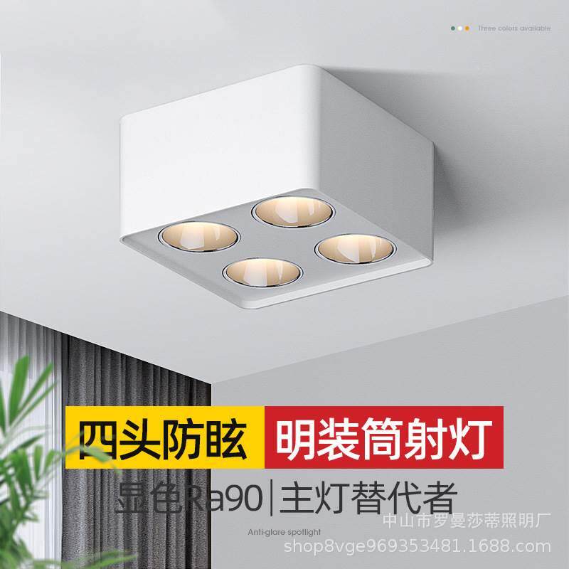 明装射灯家用极简客厅无主灯照明四头斗胆灯方形吸顶筒灯盒子灯