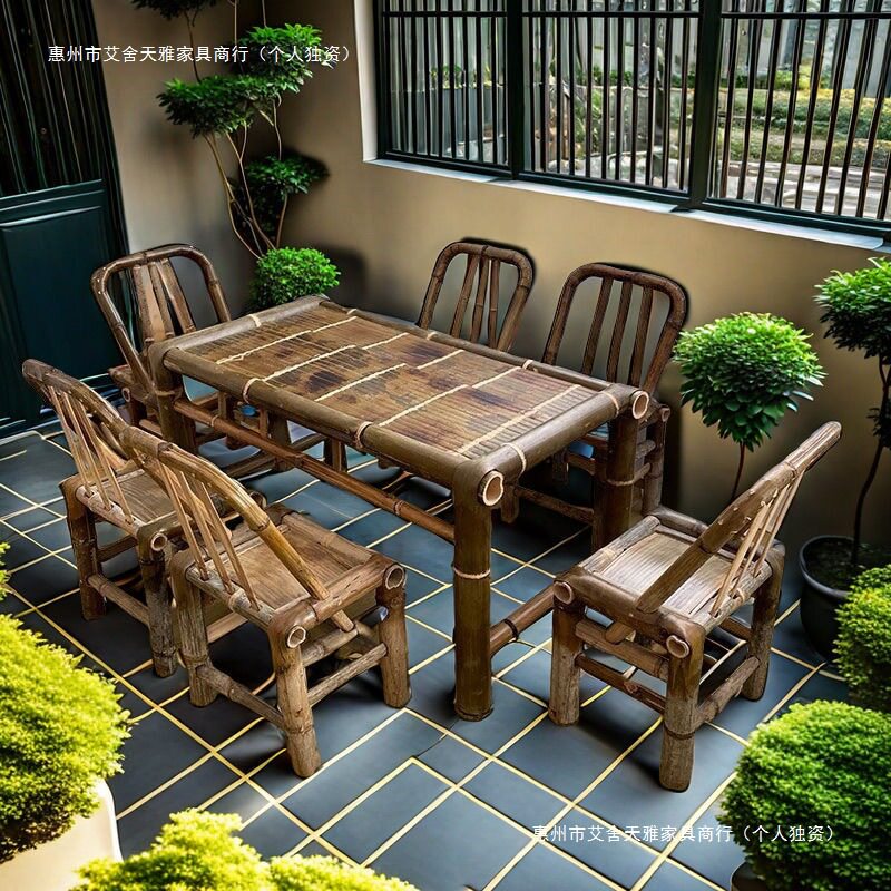 中风老式桌子竹子桌椅全套户外围炉煮茶桌餐桌茶几办公火锅竹桌厂