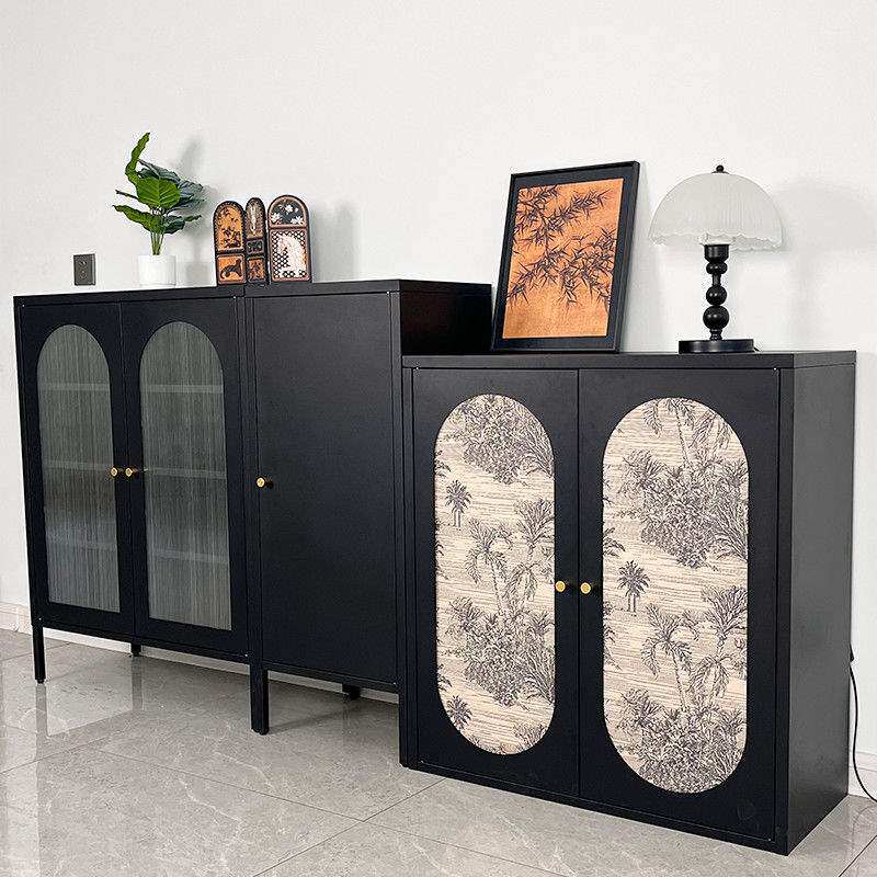 中古风铁皮柜铁艺餐边柜客厅茶水酒柜复古玄关置物柜家具黑色柜子