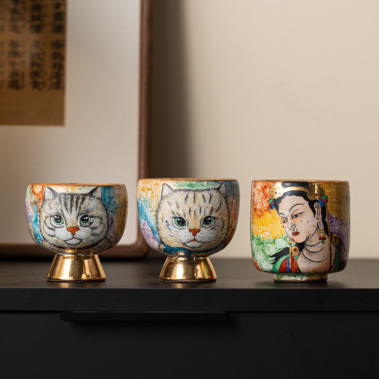 素缘日式猫咪手绘茶杯柴烧 禾泥志野主人杯创意手作粗陶品茗杯子
