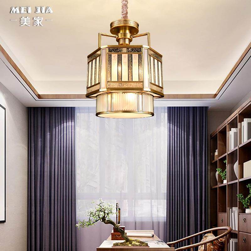新中式别墅门口入户全铜吊灯复式楼过道走廊阳台灯笼大气卧室灯具