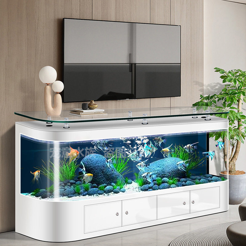 热弯一体成型落地鱼缸客厅大型靠墙背滤懒人电视柜茶几水族垒德株