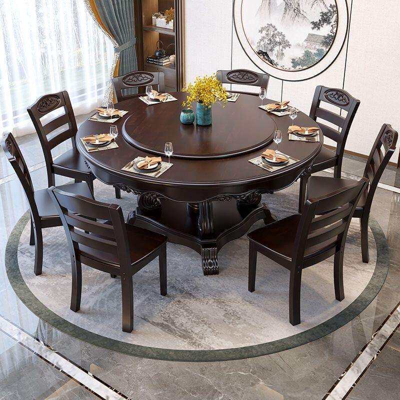 新中式实木餐桌椅组合酒店饭店大圆桌家用客厅10人带转盘吃饭桌子