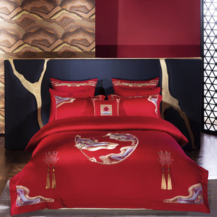 大红色四件套结婚床上用品九喜狐家纺新婚喜被婚房布置床盖十件套