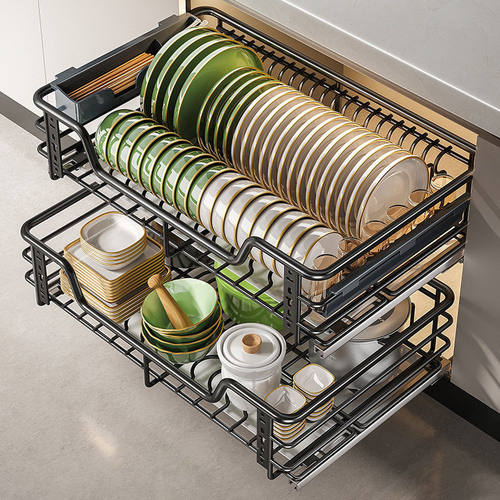 拉篮厨房橱柜碗篮304不锈钢双层抽屉式收纳碗碟架柜厨柜拉蓝