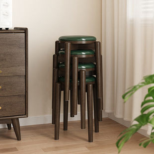 2026新款实木软包圆凳家用折叠餐椅客厅小板凳简约木头可叠放凳子