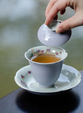 手绘二才花瓣陶瓷盖碗功夫茶碗壶承小号黛紫色迷你盖碗公家用