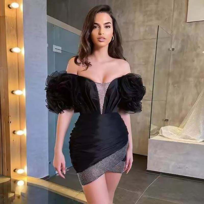 一字肩性感肩部大花朵褶皱绷带连衣裙短生日晚礼服bandage dress