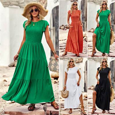 Women solid short sleeve green long dresses 原创女连衣裙长裙