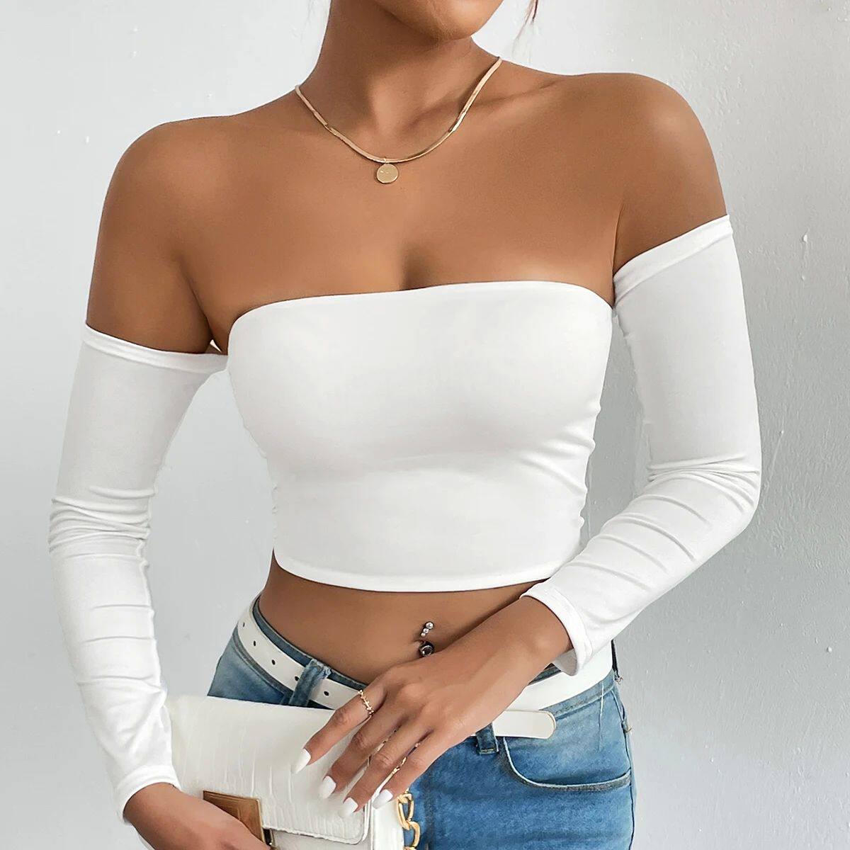 Strapless off off shoulder sleeveless top 抹胸露肩连袖上衣女