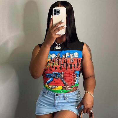 Sexy printed sleeveless open navel top性感印花无袖露脐上衣女