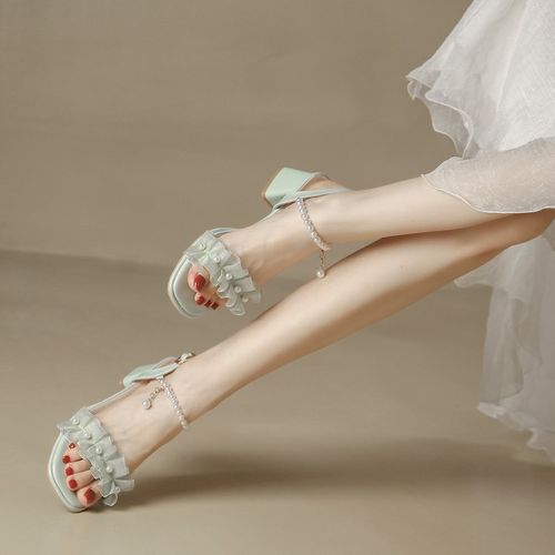 粗跟中跟一字带珍珠绝美凉鞋女仙女风2024法式高跟鞋女夏季配裙子