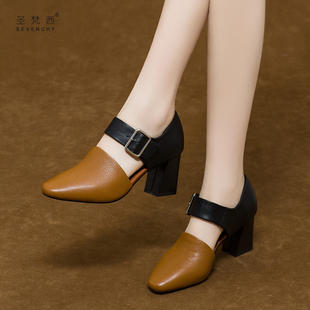 一字扣高跟鞋 女鞋 女春夏粗跟半包头M凉鞋 春款 真皮 单鞋 2021年新款