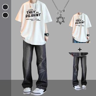 夏季美式短袖套装男生夏季潮流宽C松一整套搭配牛仔裤帅气两件套