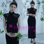 影楼中国风中式 孕妇照服装 新h款 复古黑色丝绒高级旗袍艺术拍照礼