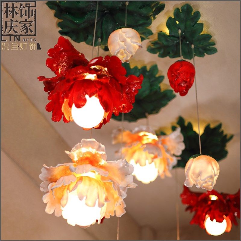 创意新中式手绘牡丹花吊灯客厅餐厅卧室婚房灯过道玄关楼梯吊顶灯