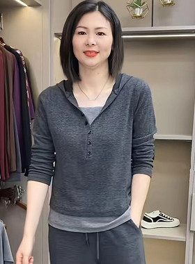 灰色高腰宽裤套装女欧货2023秋B新款休闲显瘦连帽衣背心假三件套