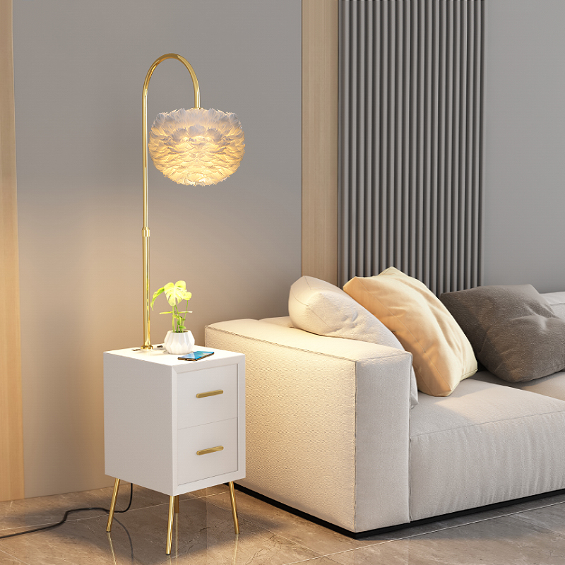 羽毛落地灯客厅卧室床头柜高级氛围感置物架摆件S网红轻奢台灯一