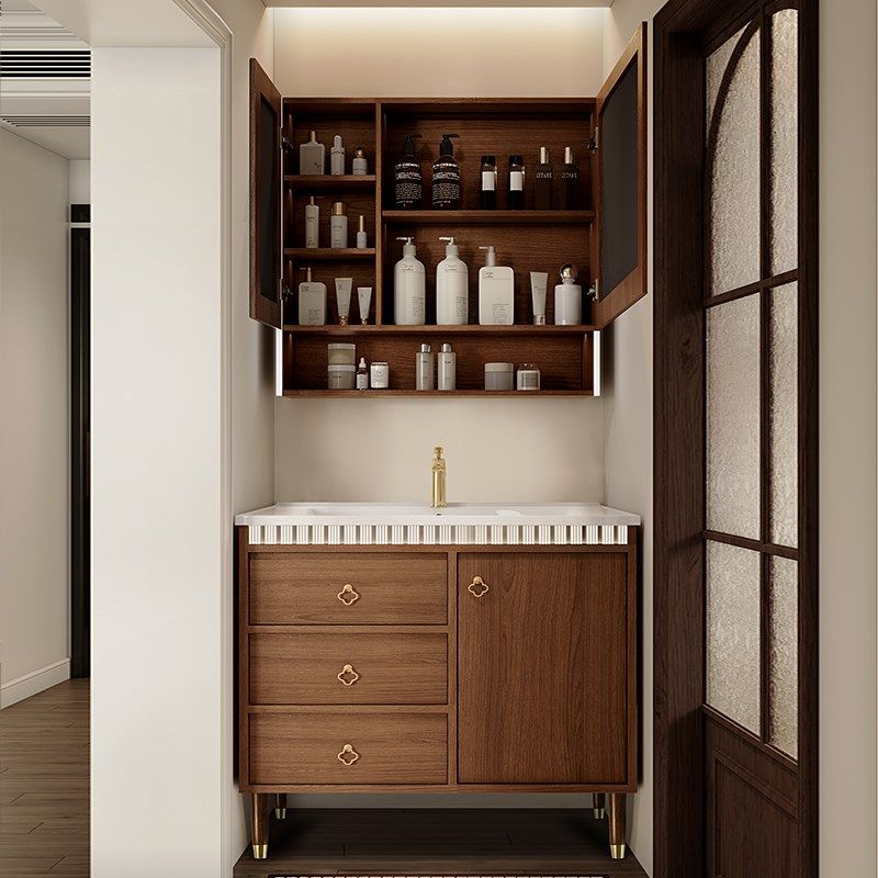 新款中古浴室柜落地式组合陶瓷一体盆洗手台化妆室通顶镜柜洗手盆