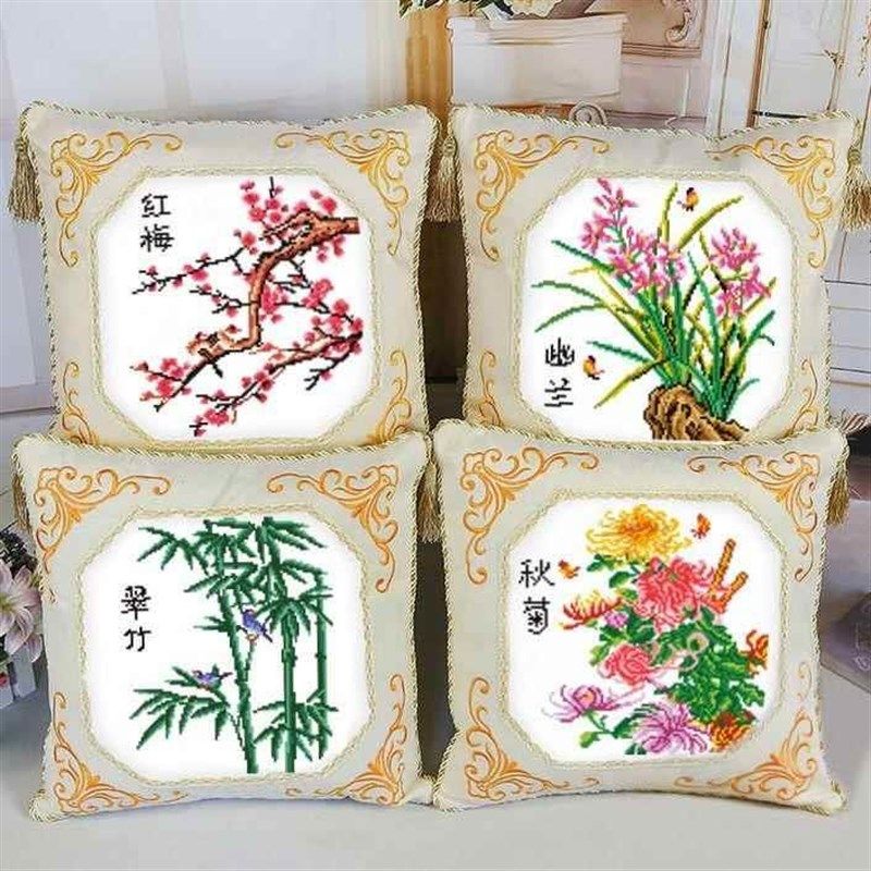 新款十字绣抱枕自己绣线绣diy手工制作梅兰竹菊客厅沙发刺绣腰靠,居家布艺,十字绣套件,淘宝优惠券,粉丝福利购,淘宝优惠卷