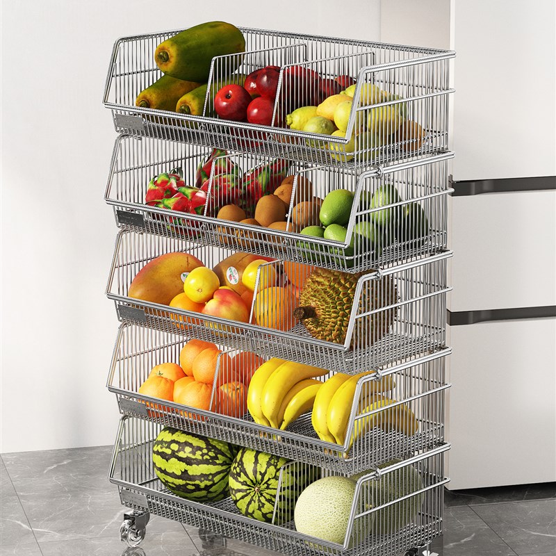 蔬菜收纳架厨房落l地果蔬置物架小推车可移动家用放菜篮子零食储