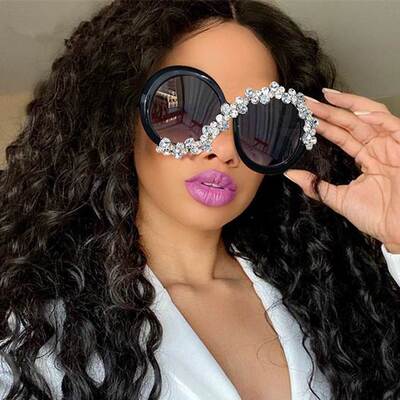 欧美ins新款眼镜夸张镶钻大框圆形太阳镜女士时尚墨镜sunglasses