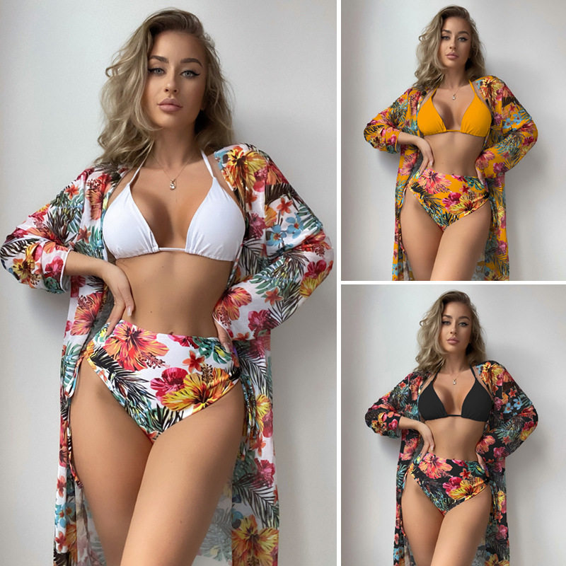 women clothes泳河新款分体蕾丝罩衫跨境欧美外贸印花比基尼泳衣
