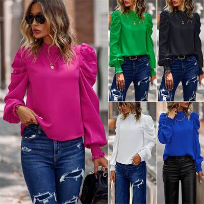 泡泡袖上衣衬衫Long sleeve high collar top solid casual shirt