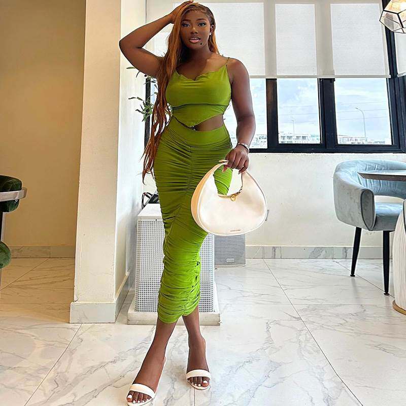 欧美风外贸纯色性感吊带小背心上衣包臀裙子休闲俩件套套装女