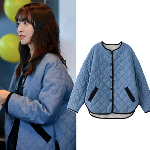 花少宋茜同款 棉衣外套 蓝色菱格牛仔棉服女秋冬季 保暖宽松休闲韩版