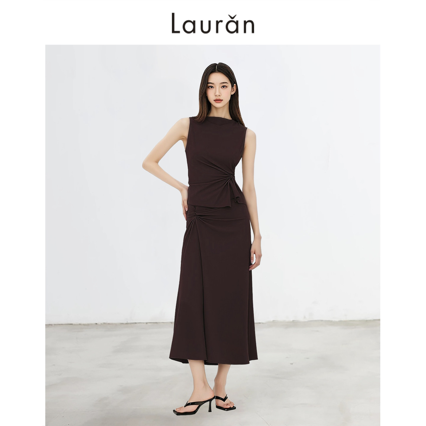 Lauran*极简风无袖连衣裙女扭结设计收腰显瘦a字中长裙上衣两件套