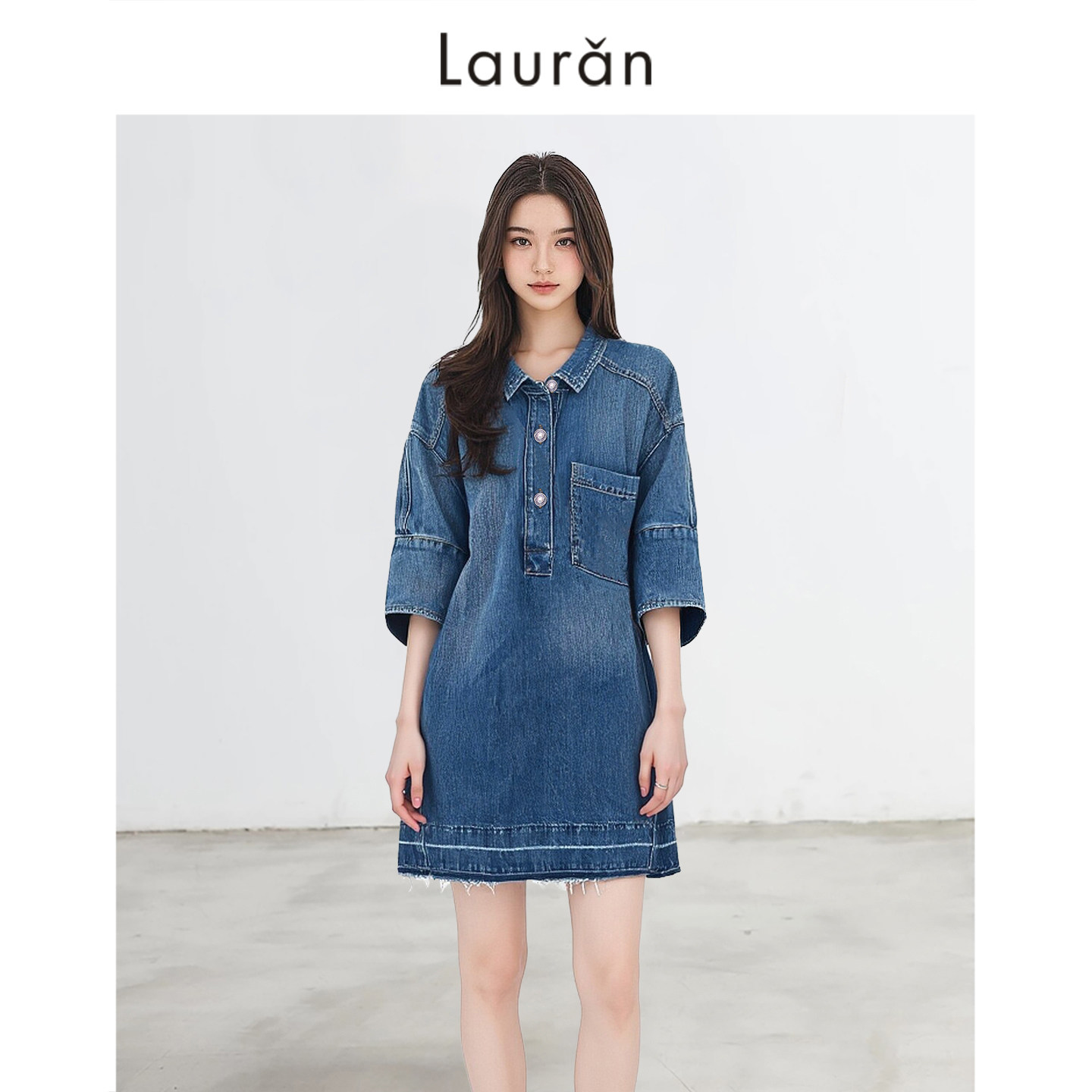 章若楠同款复古蓝翻领牛仔连衣裙女设计感休闲风宽松显瘦短袖裙子