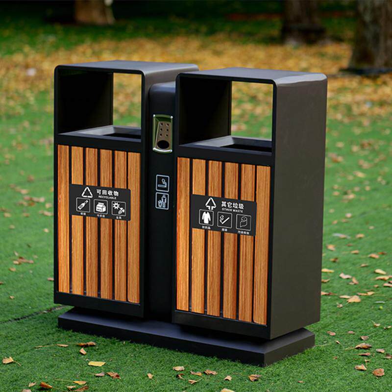 福建户外分类垃圾桶泉州双桶塑木垃圾桶厂家室外不锈钢内胆收纳桶
