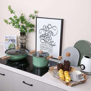 样板间厨房绿色花艺主题面包盘套装 饰品拍摄道具 水壶锅具组合软装