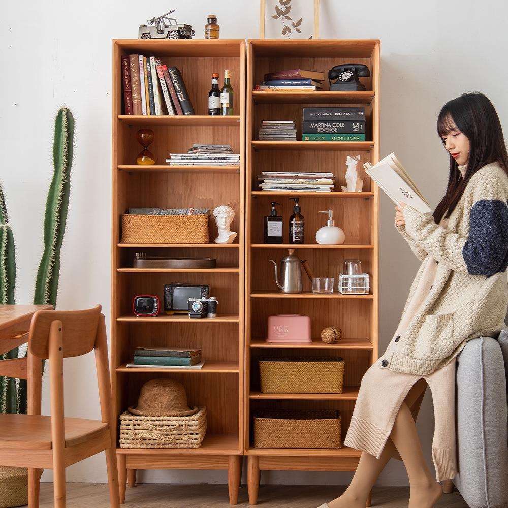 实木落地简约现代客厅置物架书架书柜一体靠墙日式储物柜卧室