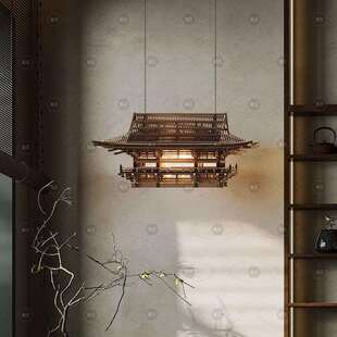 新中式木头阁楼吊灯房子灯设计师仿真古建筑样板房过道悬空吊灯