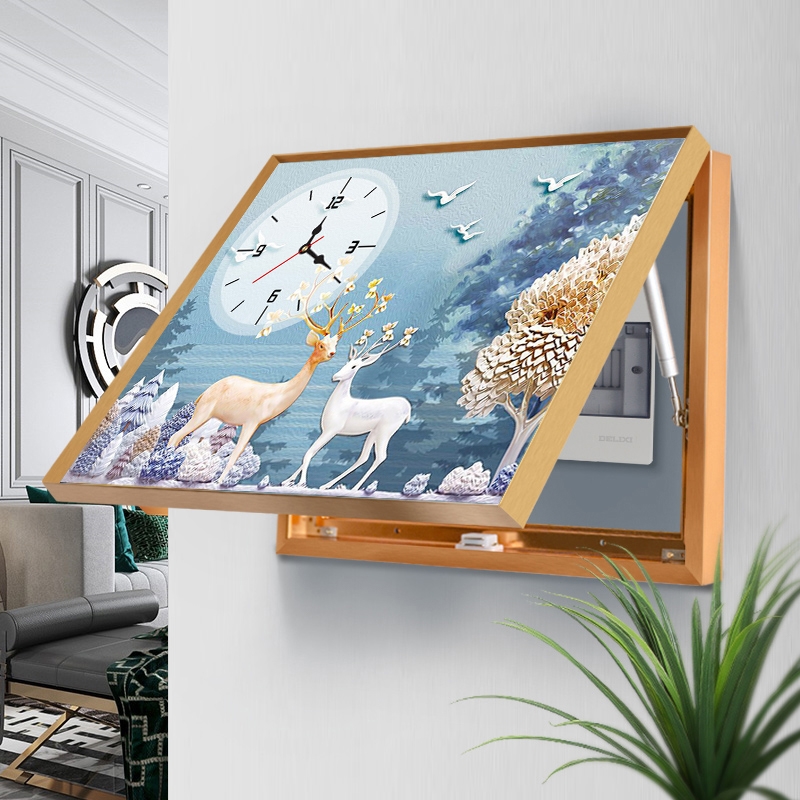 电表箱装饰画带钟表电表盒2021新款遮挡配电箱电闸箱挂画时钟挂钟