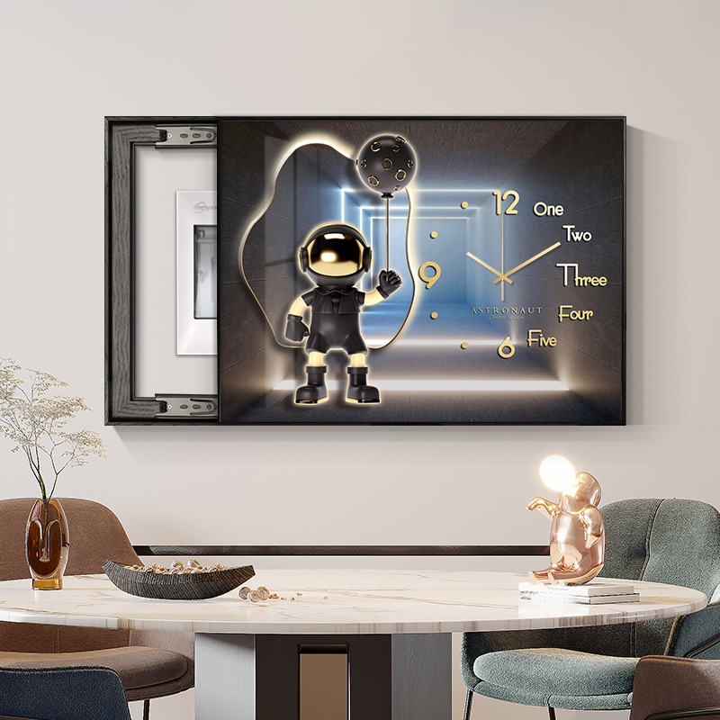 电表箱装饰画带钟表轻奢高级感卡通超薄客厅配电箱液压上翻遮挡画