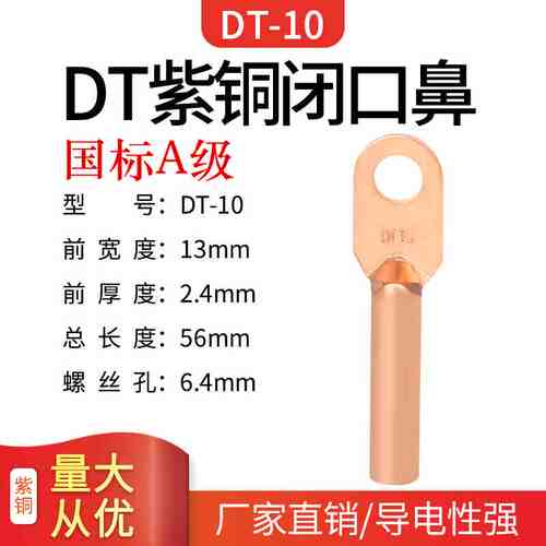 DT-10平方铜鼻子 线鼻子 电线电缆铜线耳铜接头铜接线端子国标