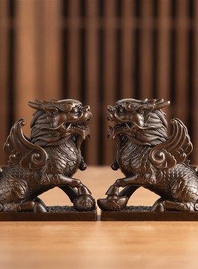黄铜公母麒麟摆件一对客厅玄关柜子办公室桌面摆设X乔迁新居礼物