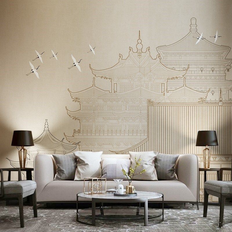 现代新中式壁纸手绘线条复古阁楼建筑墙布壁画沙发书房背景墙壁布,家装主材,无纺布墙纸,淘宝优惠券,粉丝福利购,淘宝优惠卷